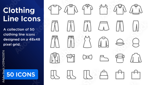 Clothing line icons depicting shirts pants and other apparel items