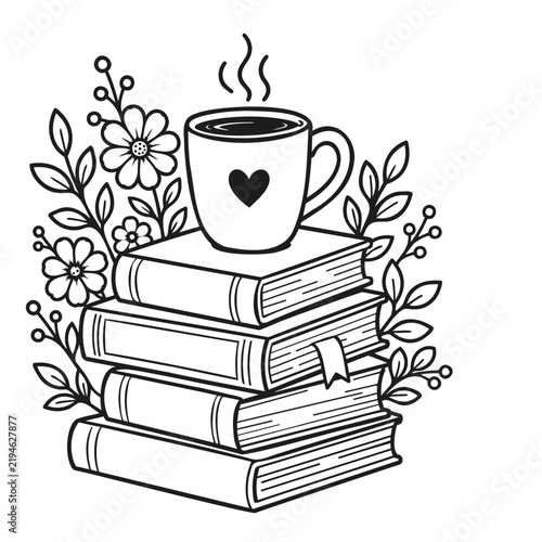 Floral stack of books with cofee cup