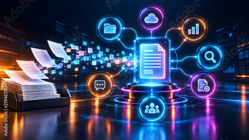Paper documents flying into a glowing digital document hub surrounded by colorful neon workspace icons representing integrated cloud ecosystem