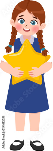 Happy Schoolgirl Holding Large Yellow Star