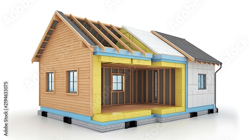 Modern wooden house with balcony and pitched roof isolated on a white background