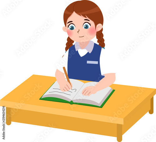 Schoolgirl Studying at Wooden Classroom Desk