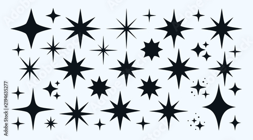 Sparkling starbursts set black solid twinkle stars magic glitter and optical flare icons