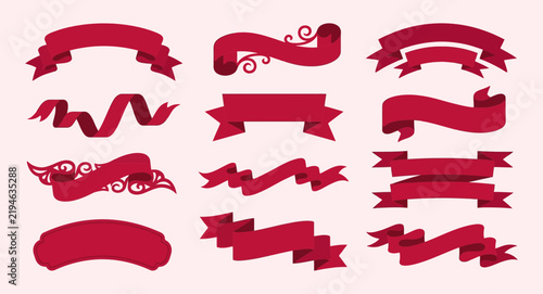 Crimson red ribbon banners set elegant vintage scroll parchment and ornate header ribbons