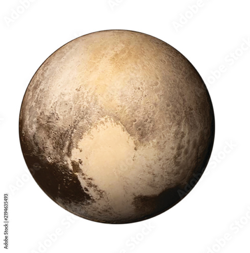 Detailed rendering of Pluto showing its complex icy surface and varied terrain isolated on white background. Useful for educational astronomy presentations and space science projects.