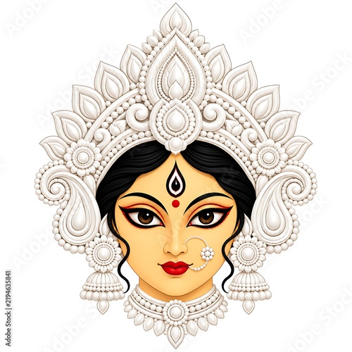 Durga Maa Face Vector Illustration Isolated on Solid White Background