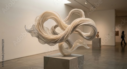 Intricate Abstract Sculpture of Intertwined Forms displayed in a Modern Art Gallery