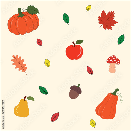 Autumn Nature Set with Pumpkins, Fruits, Mushroom and Colorful Fall Leaves