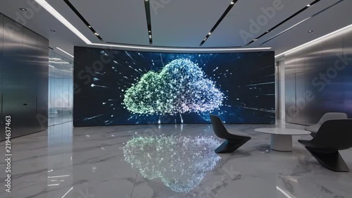 Modern high tech office lobby with large curved digital screen