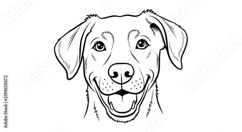 Detailed line drawing of a smiling domestic dog on white background