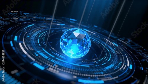 glowing blue crystal orb above holographic circuit ring platform