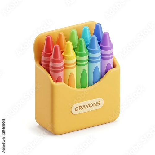 Vibrant rainbow colored wax crayons in yellow storage box isolated on white studio background
