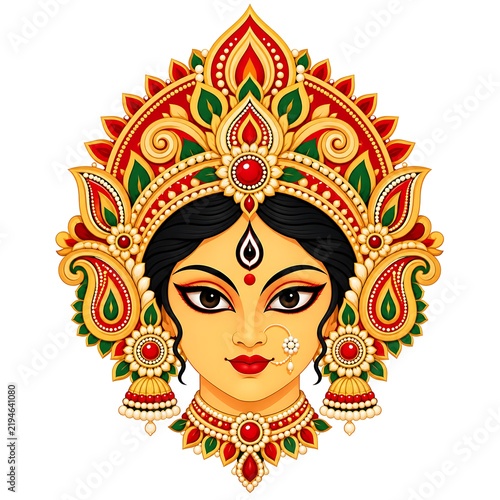 Durga Maa Face Vector Illustration Isolated on Solid White Background