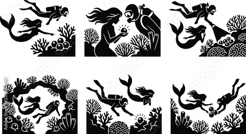 Scuba Diver and Mermaid Underwater Encounter Icons Set, Coral Reef Exploration, Ocean Pearl Discovery, Deep Sea Diving, and Marine Adventure Silhouettes Vector