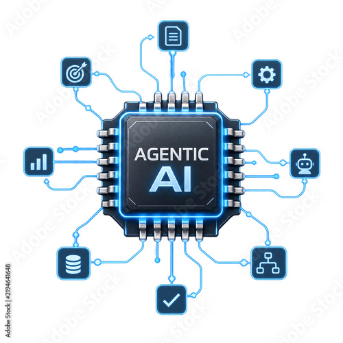 Agentic AI circuit chip connected to workflow automation and data icons for artificial intelligence isolated on transparent background