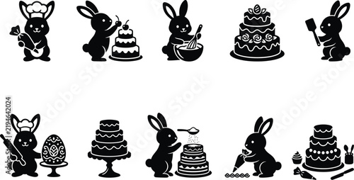 Easter Bunny Baker and Cake Decorating Icons Set, Pastry Chef Rabbit, Tiered Cake, Whisking Batter, Piping Bag, Easter Egg, and Confectionery Silhouettes Vector