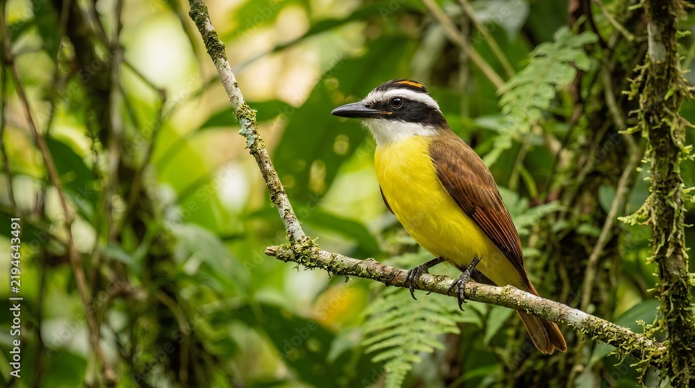 Obraz premium Great Kiskadee Perched in Tropical Green Forest