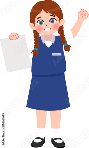 Happy Schoolgirl Holding Paper and Raising Hand