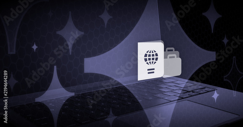 Bild auf Leinwand Digital illustration of travel planning with AI, featuring a passport and luggage icon floating over a laptop keyboard surrounded by glowing sparkles and futuristic design elements