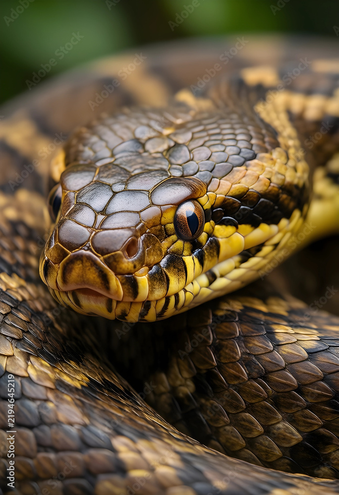 Obraz premium Wildlife conservation and biodiversity, close up portrait of a patterned snake in natural habitat with detailed scales and focused eyes in the wild
