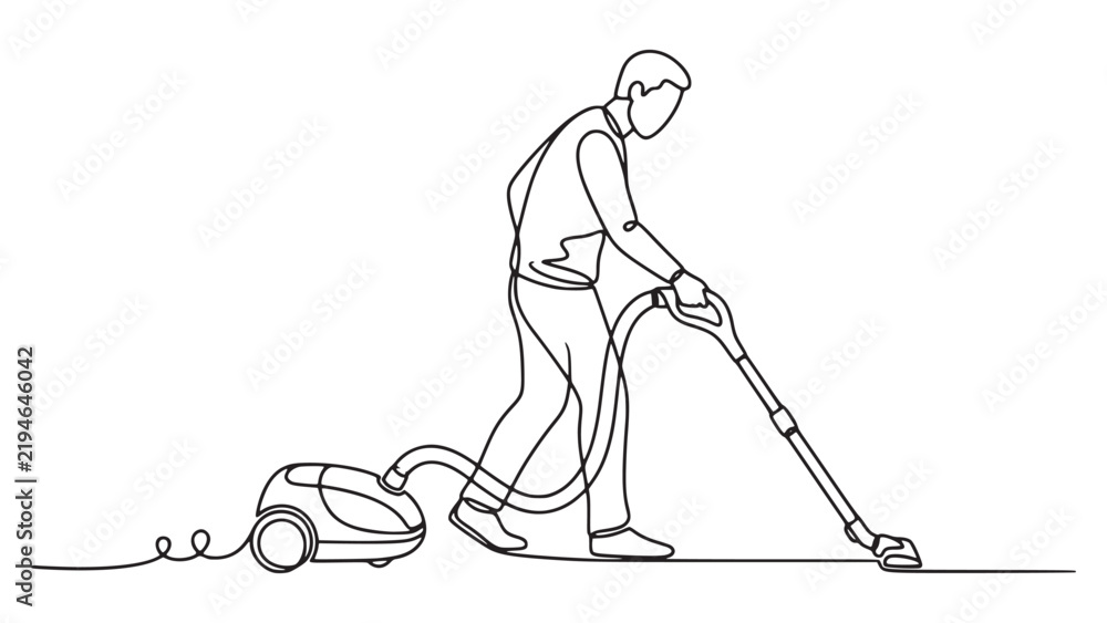 Fototapeta premium Continuous line of a man cleaning the floor with a vacuum cleaner in a simple minimalist style on a white background