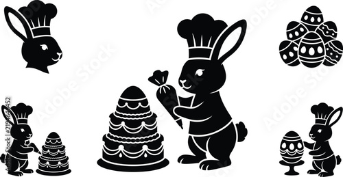 Easter Bunny Baker and Confectioner Icons Set, Pastry Chef Rabbit, Piping Bag, Tiered Egg Cake Decorating, Painted Easter Eggs, and Sweet Bakery Silhouettes Vector