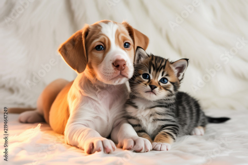 Young beagle puppy and kitten resting together on soft blanket with neutral background