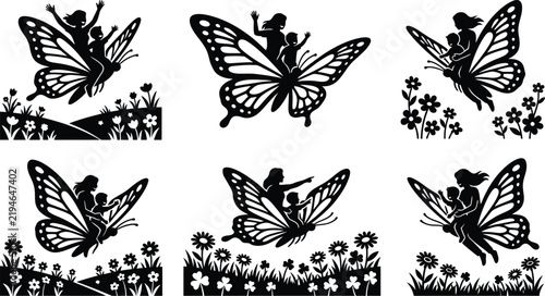 Mother and Child Riding Flying Butterfly Icons Set, Mother's Day, Family Fantasy Adventure, Spring Floral Meadow, Parenting Love, and Fairy Tale Silhouettes Vector