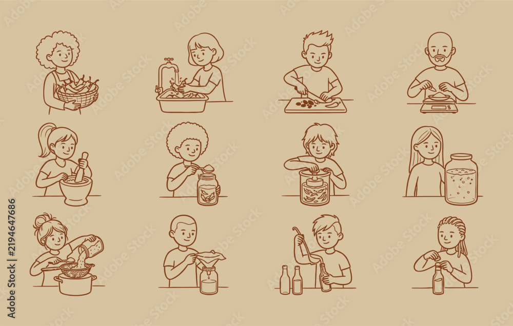 Fototapeta premium Hand drawn sketch vector character collection of passionate cooks following recipes to preserve pepper harvest preparing homemade condiment seasoning blends filtering infused mash into pots