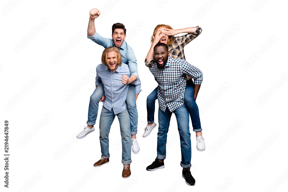 Fototapeta premium Full length body size view of four nice attractive crazy playful cheerful cheery positive guys having fun rest piggy-backing isolated over gray purple pastel color background