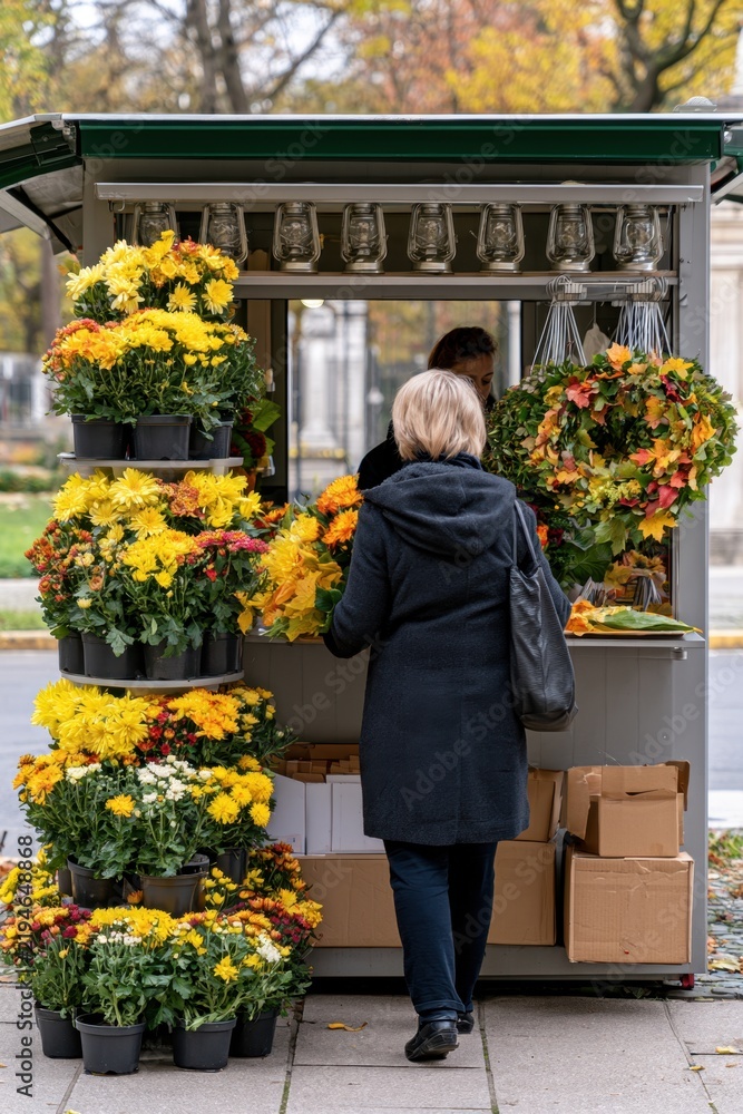 Fototapeta premium Outdoor flower stall with yellow chrysanthemums and wreaths during autumn market with customer for design, poster and background use
