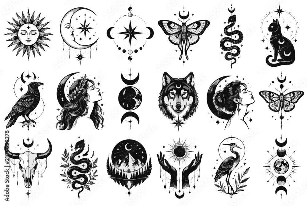 Obraz premium Esoteric Vector Illustrations Sun Moon Stars Animals and Mystical Symbols