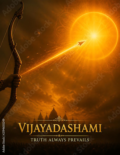 Vijayadashami festive concept with bow arrow shooting towards bright glowing sun symbol