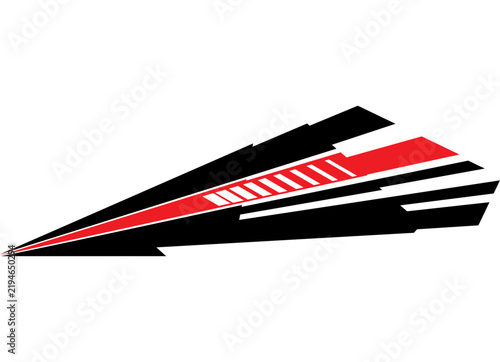 Vector sports-style graphic featuring sharp red and black lines and an arrow motif. A design element suitable for car or boat decals, sportswear, toys, and branding related to speed, competition, and 