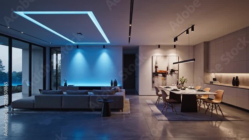 Modern minimalist open plan living and dining room interior