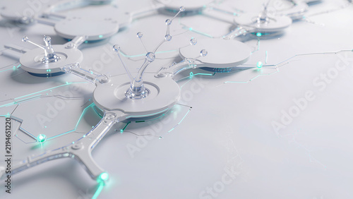 Minimal futuristic artificial intelligence background, delicate translucent white neural network structures floating above a clean white surface, 