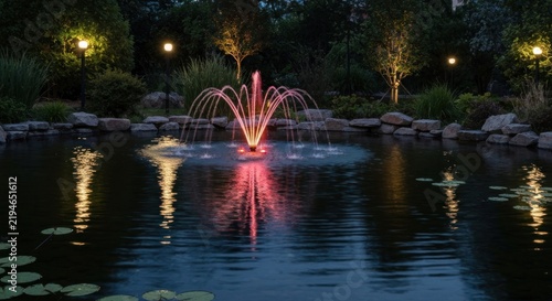 Illuminated fountain in a pond at dusk
