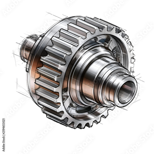 Detailed metallic gear mechanism sketch with rough outlines on black background