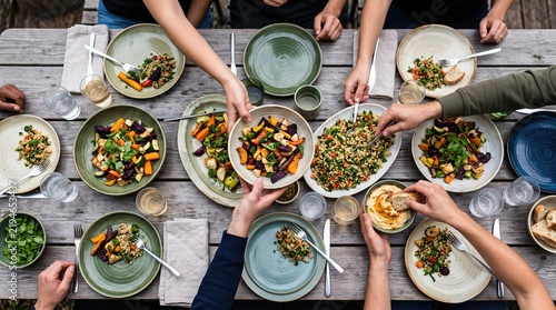 Plant based family style meal at a sustainable garden wedding