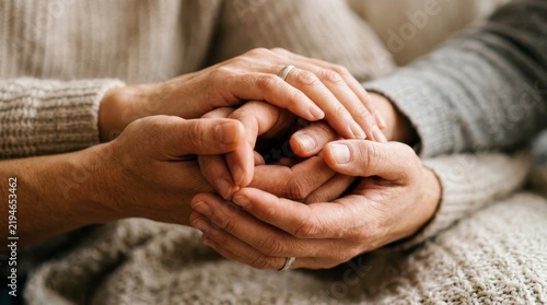 Comforting hands holding elderly person warmly indoors.