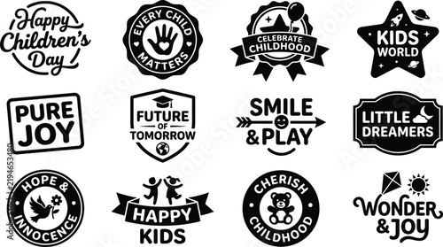 Happy Children's Day Badges and Typography Labels Icons Set, Every Child Matters, Celebrate Childhood, Kids World, Future of Tomorrow, and Cherish Childhood Silhouettes Vector