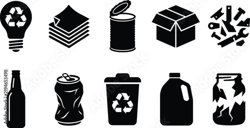 Recycling and Waste Management Icons Set, Recycle Bin, Crushed Can, Plastic Bottle, Glass Jar, Cardboard Box, Paper Stack, Scrap Metal, and Eco Bulb Silhouettes Vector