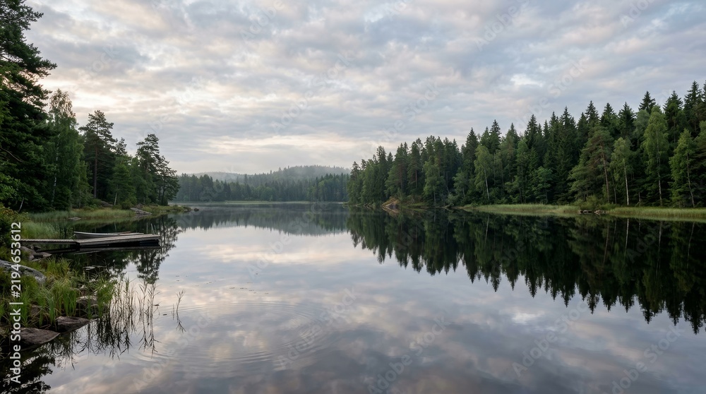 Fototapeta premium Serene Forest Lake Reflection Under Overcast Sky.
