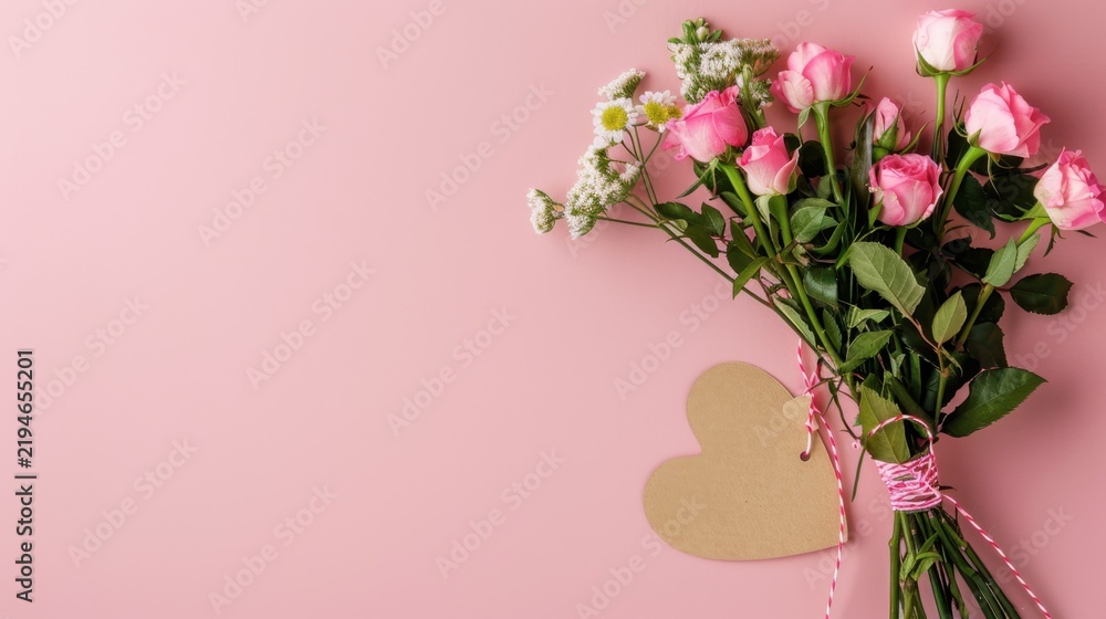 Obraz premium Elegant Bouquet of Pink Roses and White Daisies on Soft Pink Background with Heart Tag for Romantic Occasions