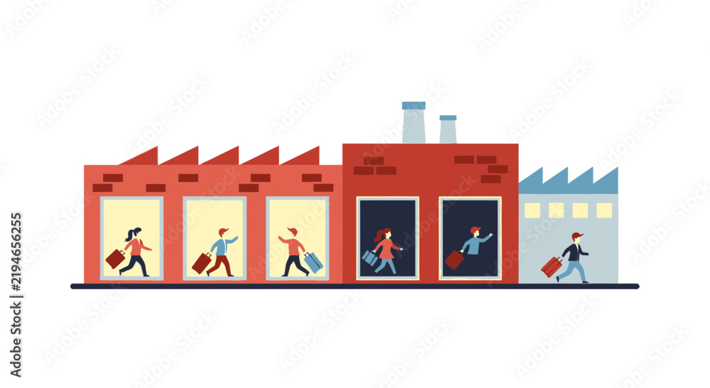 Obraz premium People with Suitcases Leaving Factory Building Illustration - Concept of Employee Turnover and Labor Migration