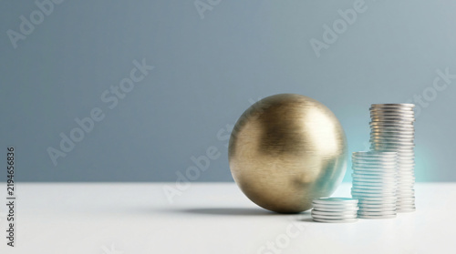 Business success minimal commercial background with Brushed brass sphere beside ascending arrangement of coins for supporting business success, with generous copy space