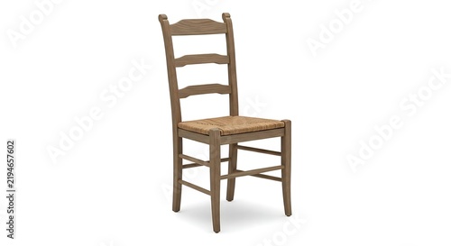 Wooden ladder back dining chair with a woven rush seat on a plain white background