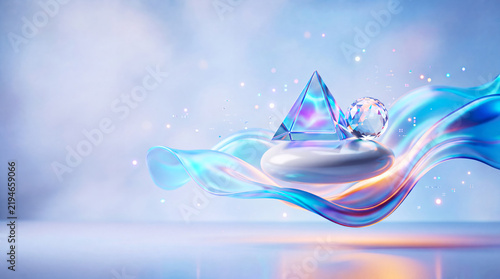 3D abstract podium with glass pyramid, crystal diamond sphere and flowing iridescence fabric wellness background