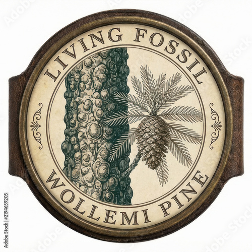 Living fossil Wollemi pine illustration with cone and trunk texture
