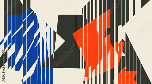 Geometric abstraction presents bold black, red, and blue shapes intersected by thin vertical lines on a light cream surface.